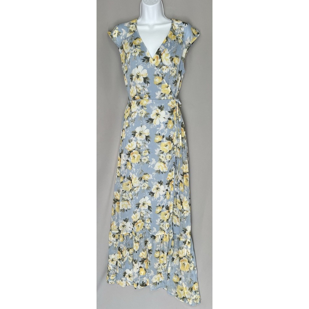 Allison & Kelly Women's Wrap Maxi Dress Blue Yellow Floral Sz Large New